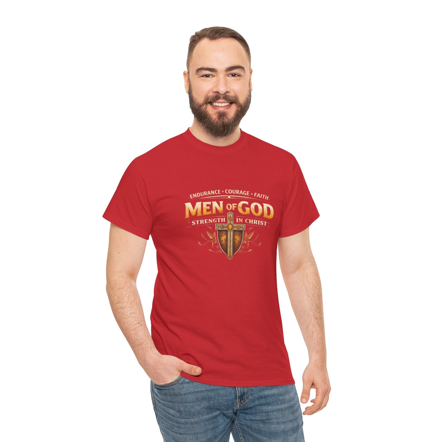 Men of God T-Shirt: Christian Faith Tee with 'Endurance • Courage • Faith' Shield Design