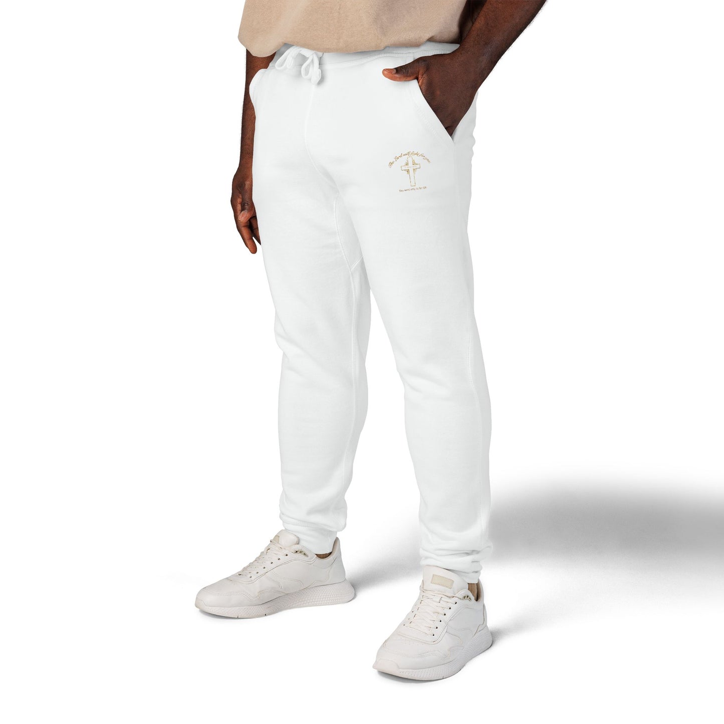Embroidered 'The Lord will fight for you' Fleece Sweatpants. Soft White Joggers
