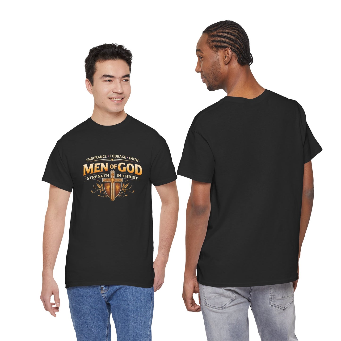 Men of God T-Shirt: Christian Faith Tee with 'Endurance • Courage • Faith' Shield Design