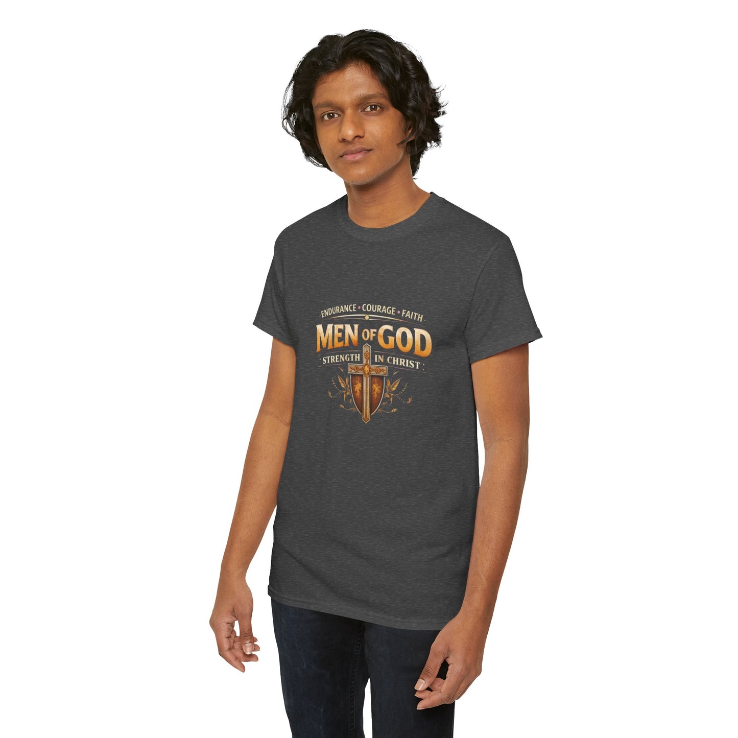 Men of God T-Shirt: Christian Faith Tee with 'Endurance • Courage • Faith' Shield Design