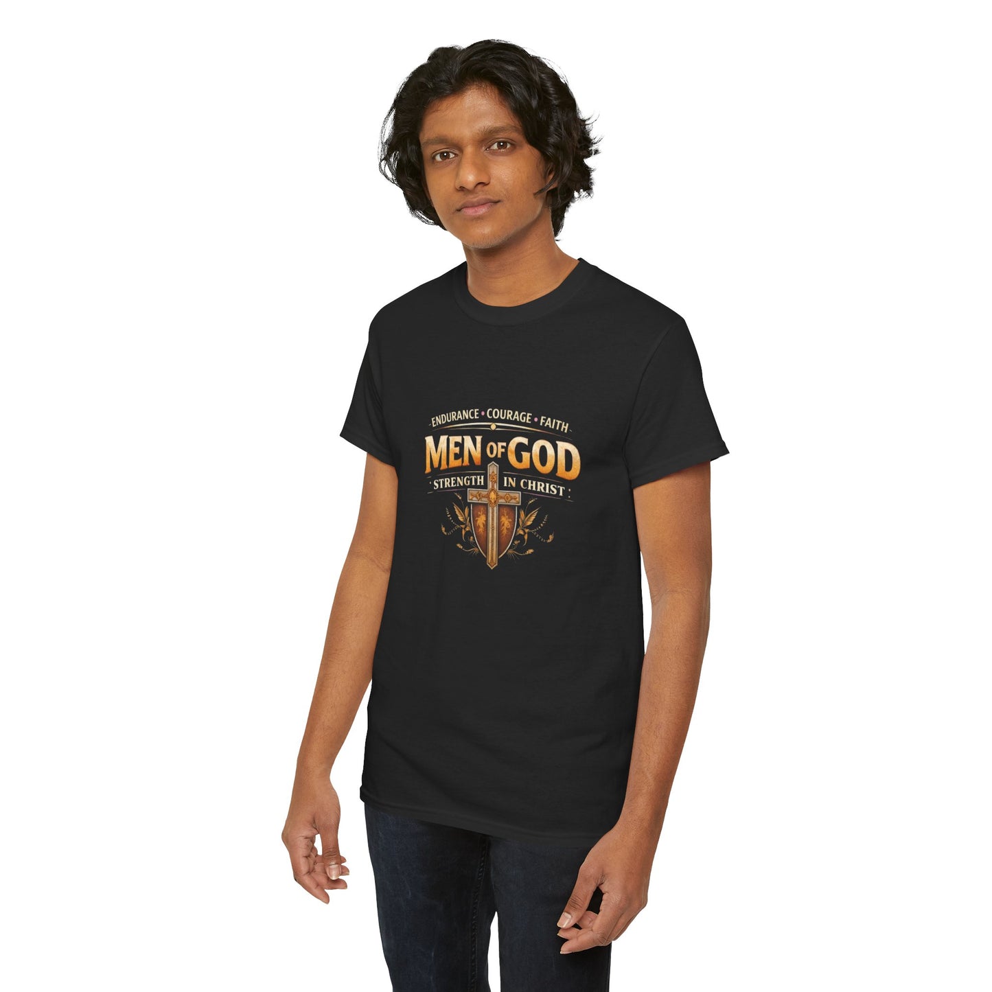 Men of God T-Shirt: Christian Faith Tee with 'Endurance • Courage • Faith' Shield Design