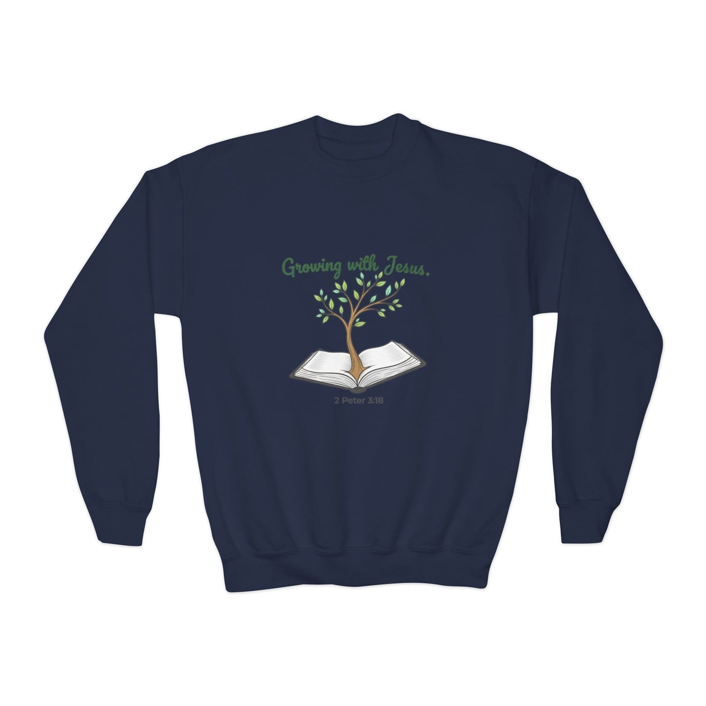 Youth Crewneck Sweatshirt Growing with Jesus Tree Over Bible