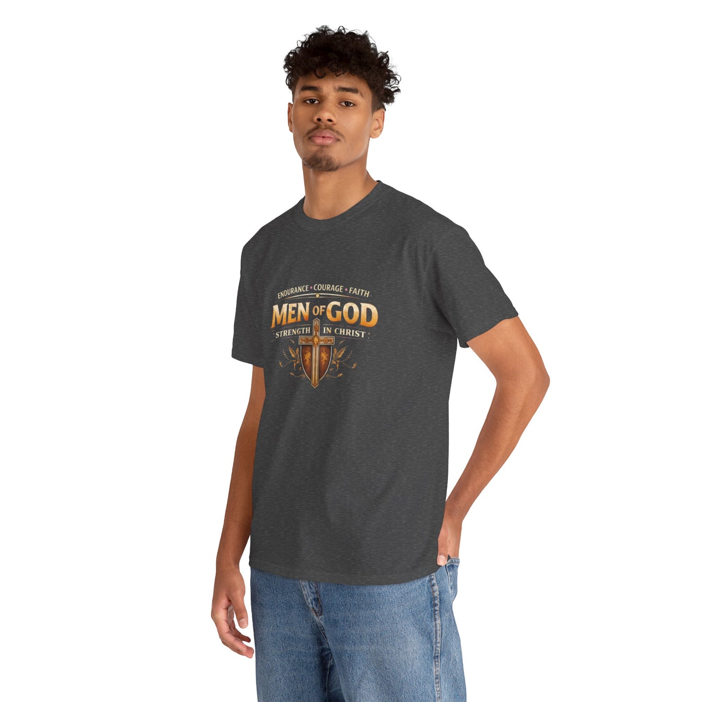 Men of God T-Shirt: Christian Faith Tee with 'Endurance • Courage • Faith' Shield Design