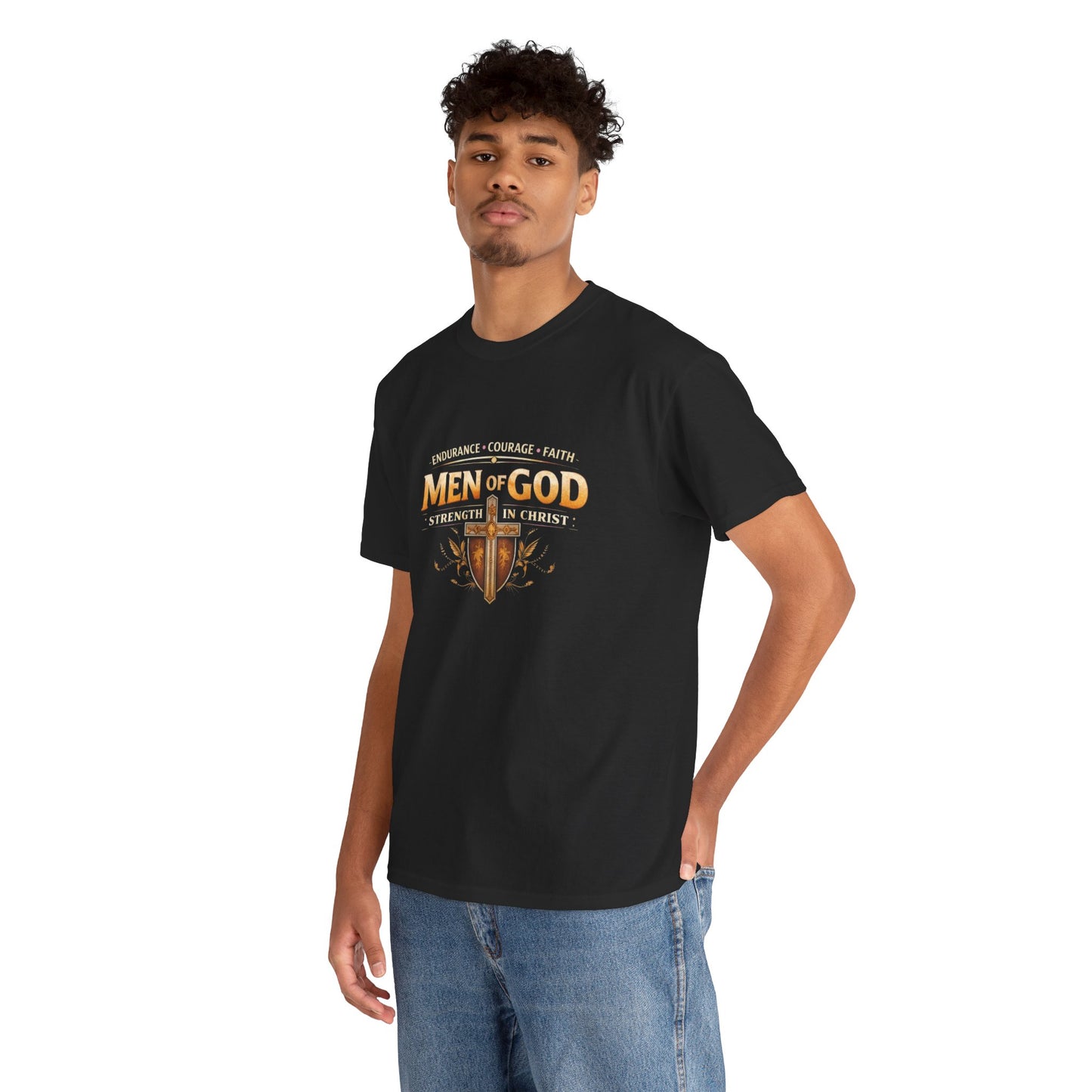 Men of God T-Shirt: Christian Faith Tee with 'Endurance • Courage • Faith' Shield Design