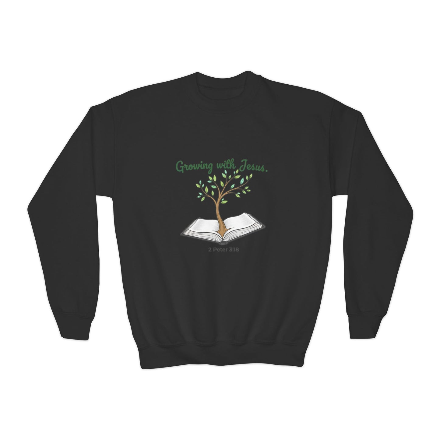 Youth Crewneck Sweatshirt Growing with Jesus Tree Over Bible