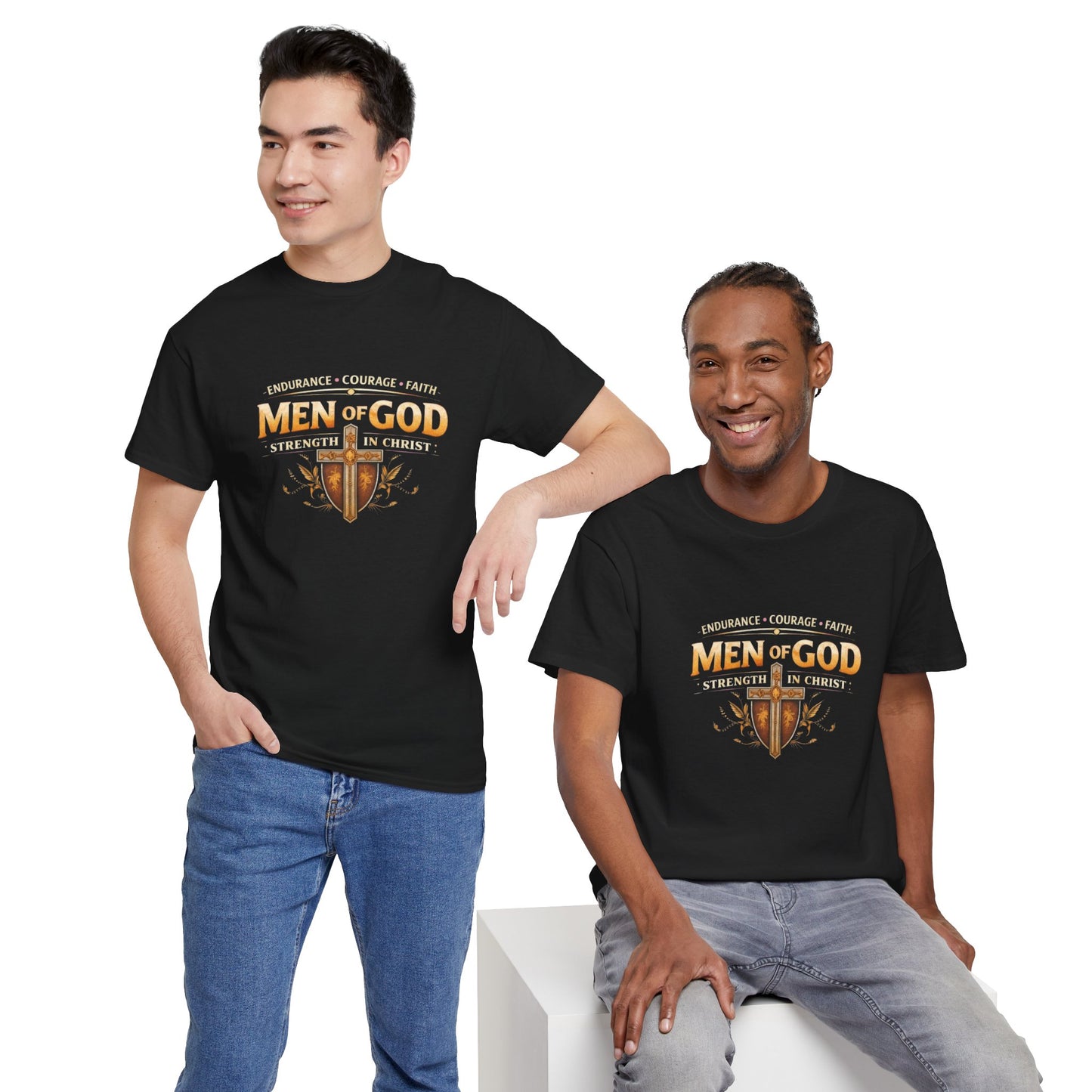 Men of God T-Shirt: Christian Faith Tee with 'Endurance • Courage • Faith' Shield Design