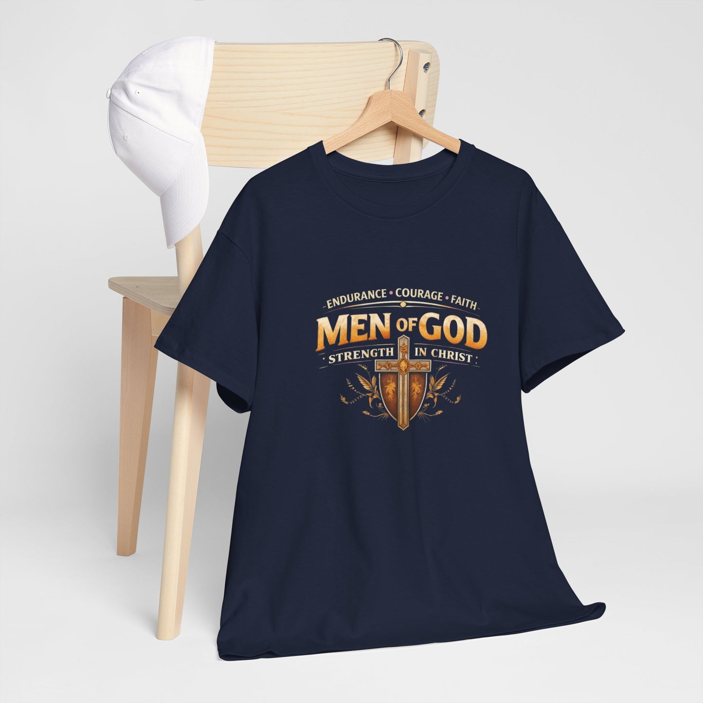 Men of God T-Shirt: Christian Faith Tee with 'Endurance • Courage • Faith' Shield Design