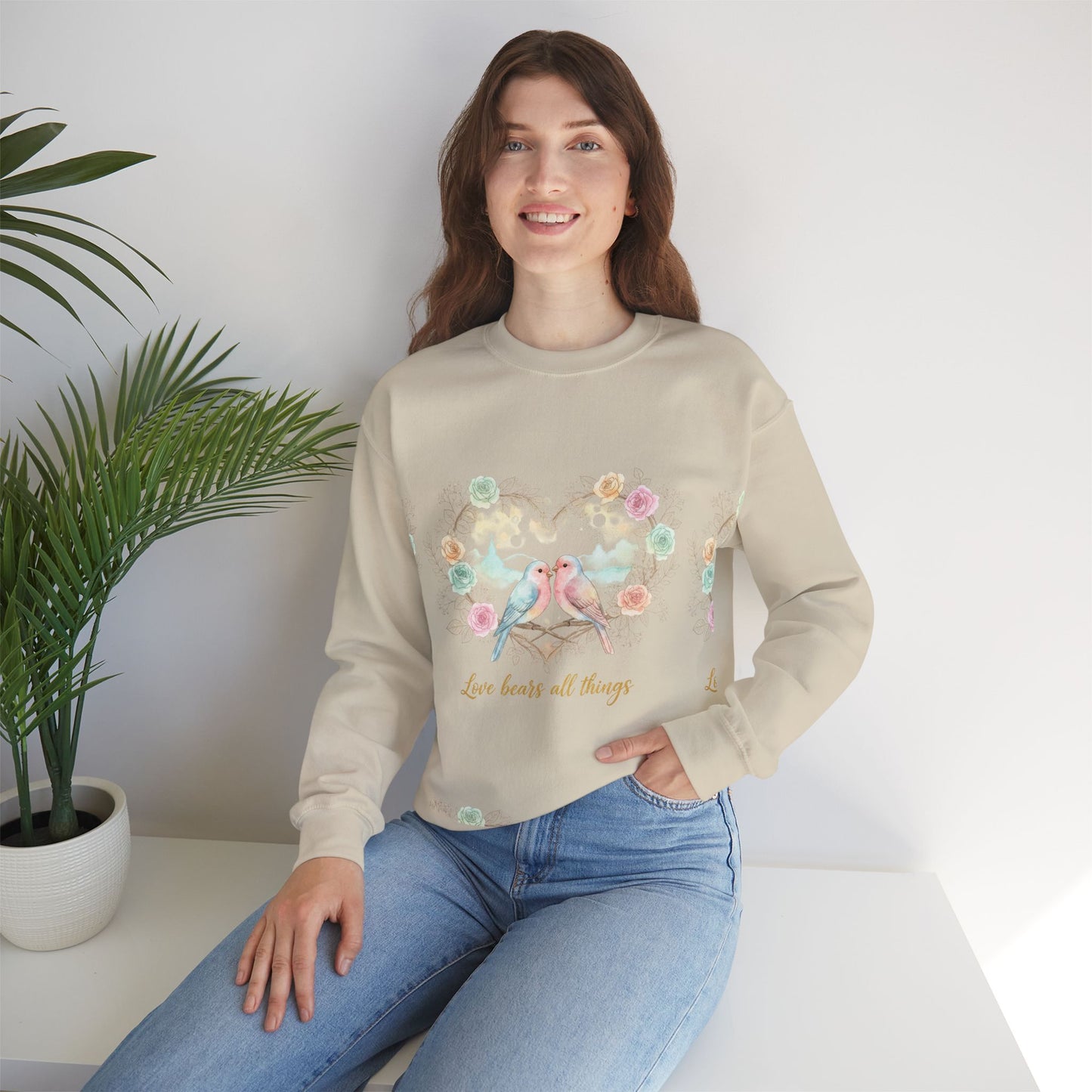 Crewneck Sweatshirt, Pastel Love Birds Floral Heart “Love bears all things”