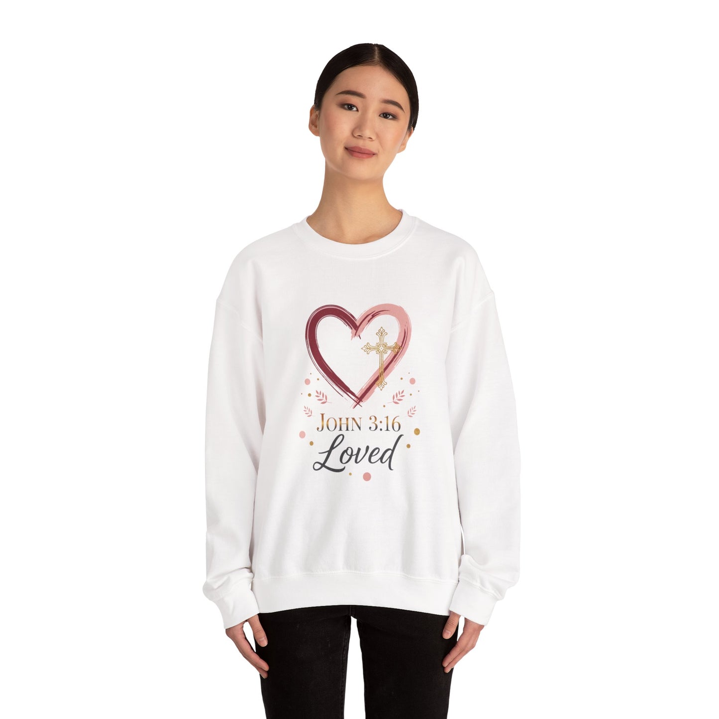 John 3:16 Loved Sweatshirt. Christian Heart Faith Crewneck