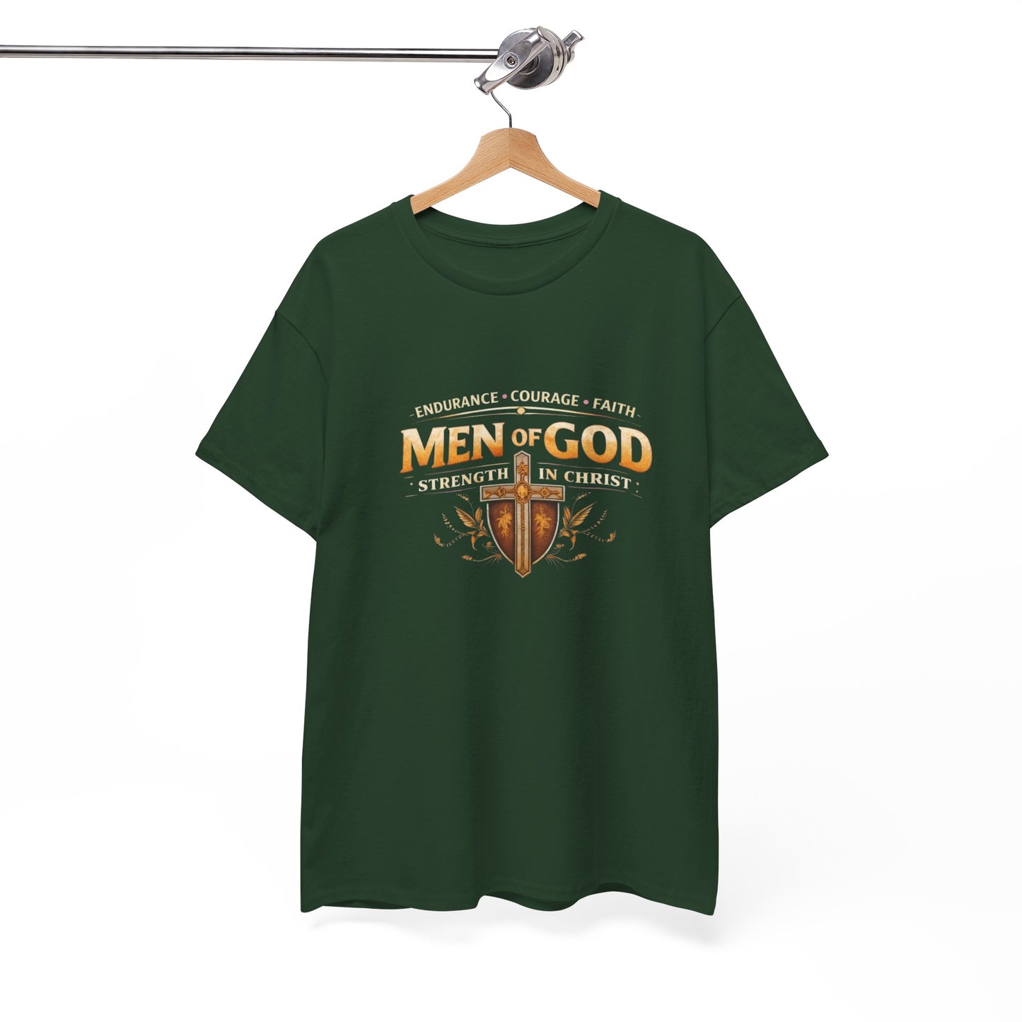 Men of God T-Shirt: Christian Faith Tee with 'Endurance • Courage • Faith' Shield Design