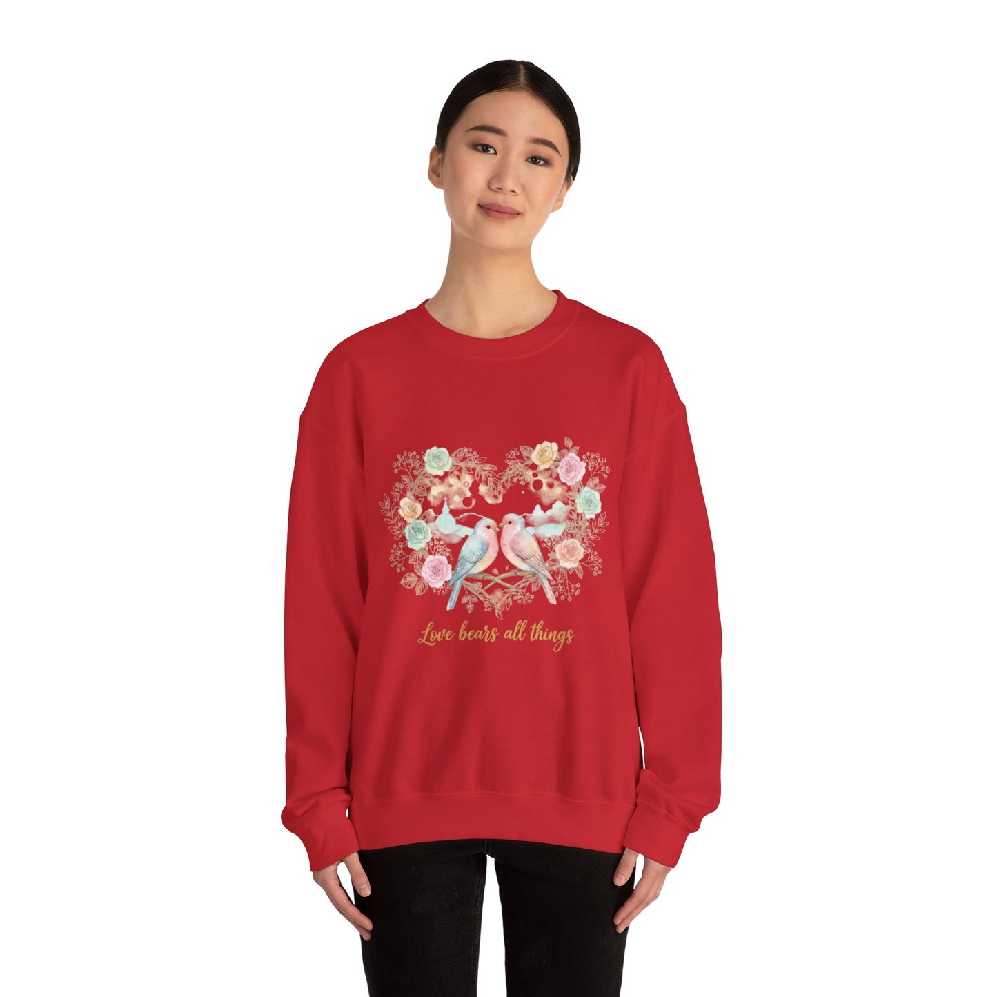 Crewneck Sweatshirt, Pastel Love Birds Floral Heart “Love bears all things”