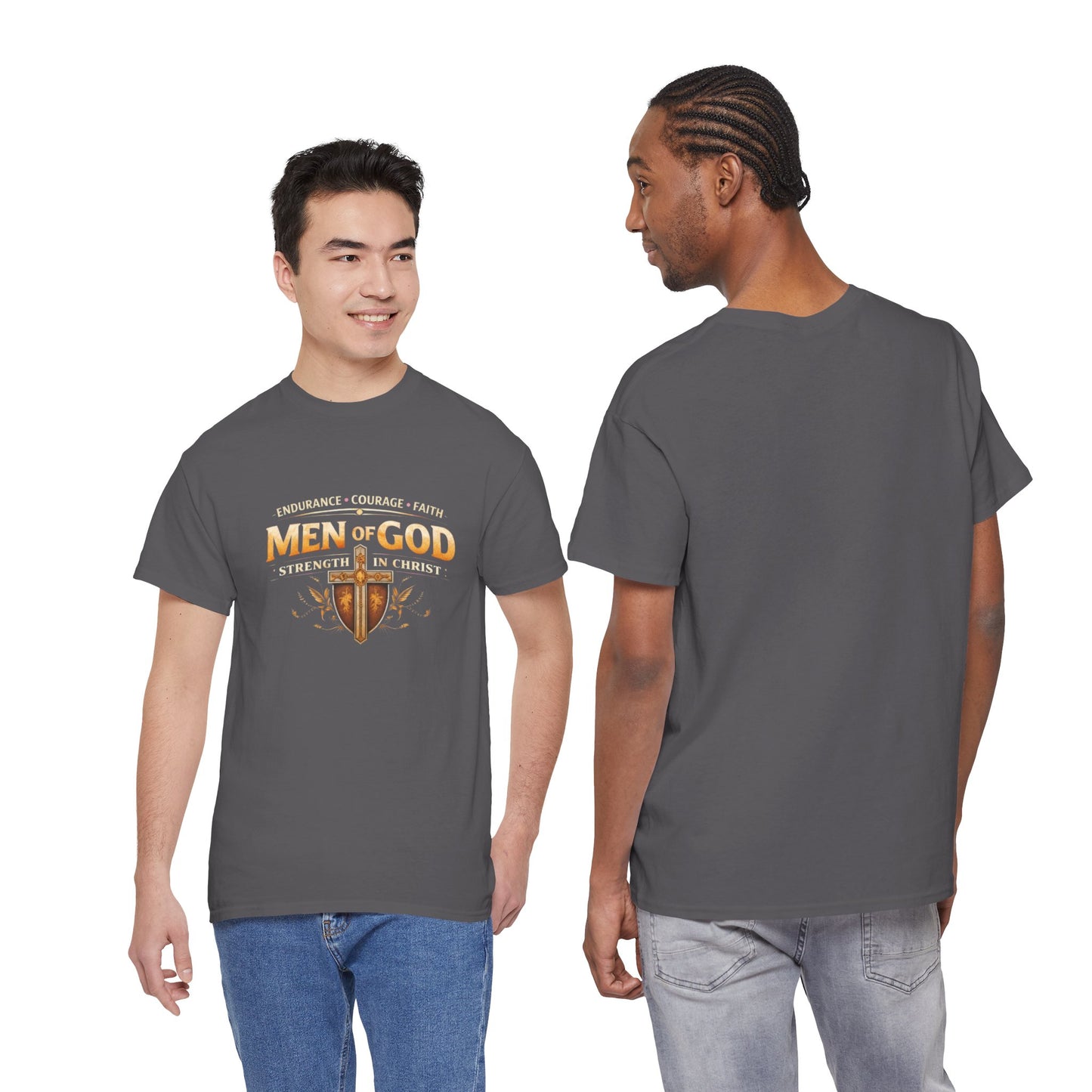 Men of God T-Shirt: Christian Faith Tee with 'Endurance • Courage • Faith' Shield Design
