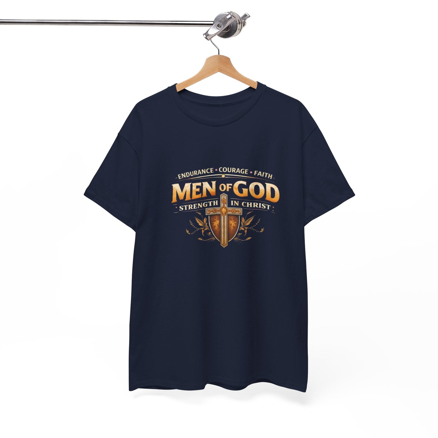 Men of God T-Shirt: Christian Faith Tee with 'Endurance • Courage • Faith' Shield Design