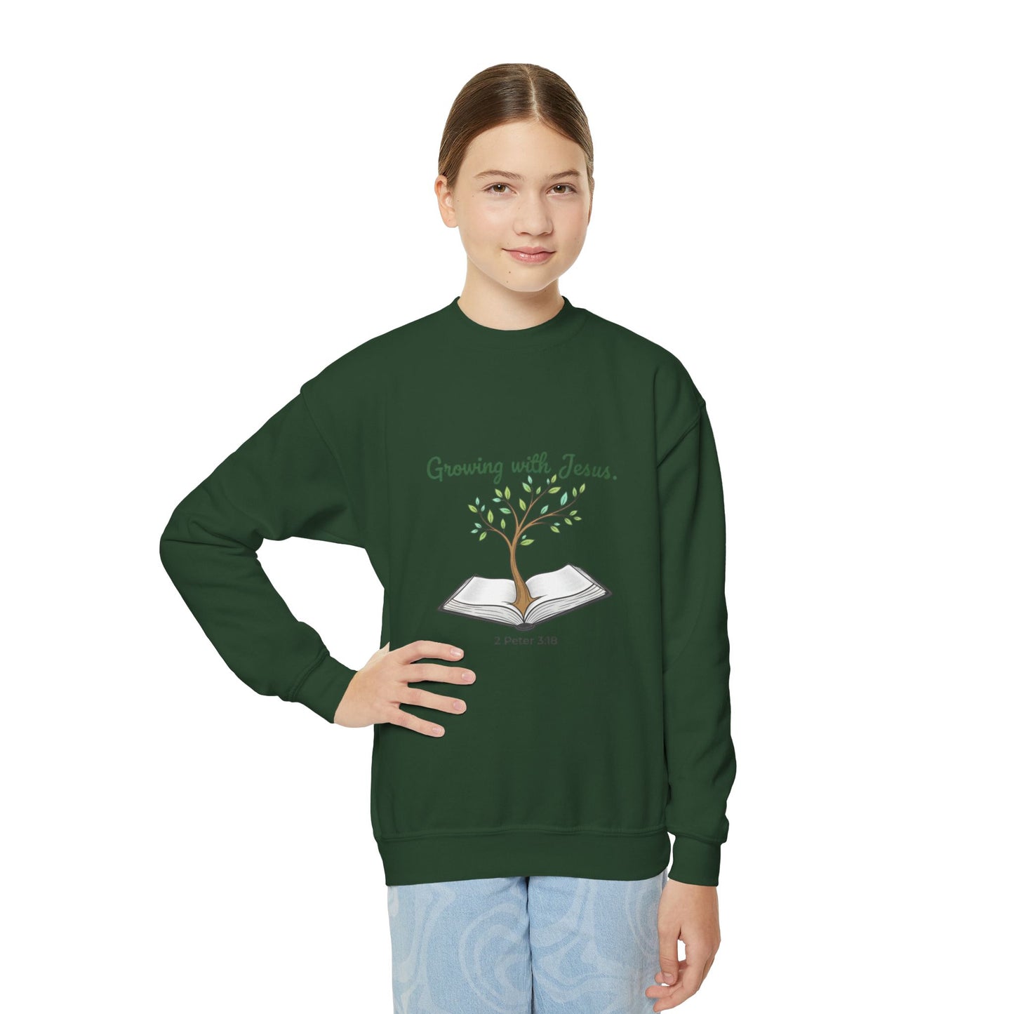 Youth Crewneck Sweatshirt Growing with Jesus Tree Over Bible