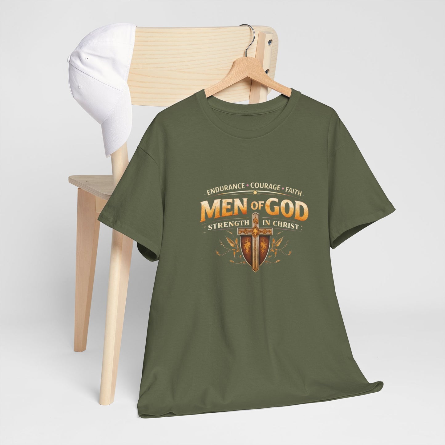 Men of God T-Shirt: Christian Faith Tee with 'Endurance • Courage • Faith' Shield Design