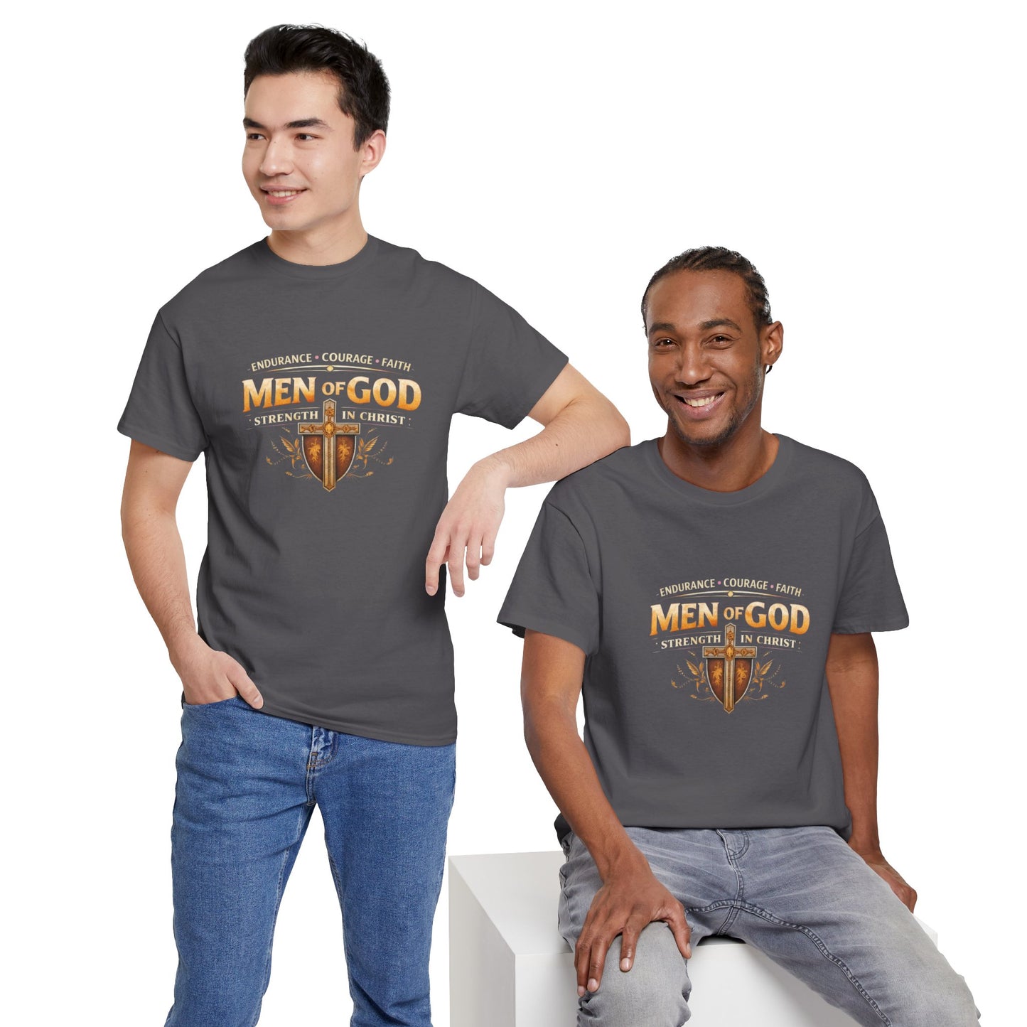 Men of God T-Shirt: Christian Faith Tee with 'Endurance • Courage • Faith' Shield Design