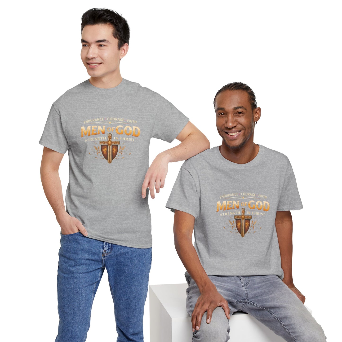 Men of God T-Shirt: Christian Faith Tee with 'Endurance • Courage • Faith' Shield Design