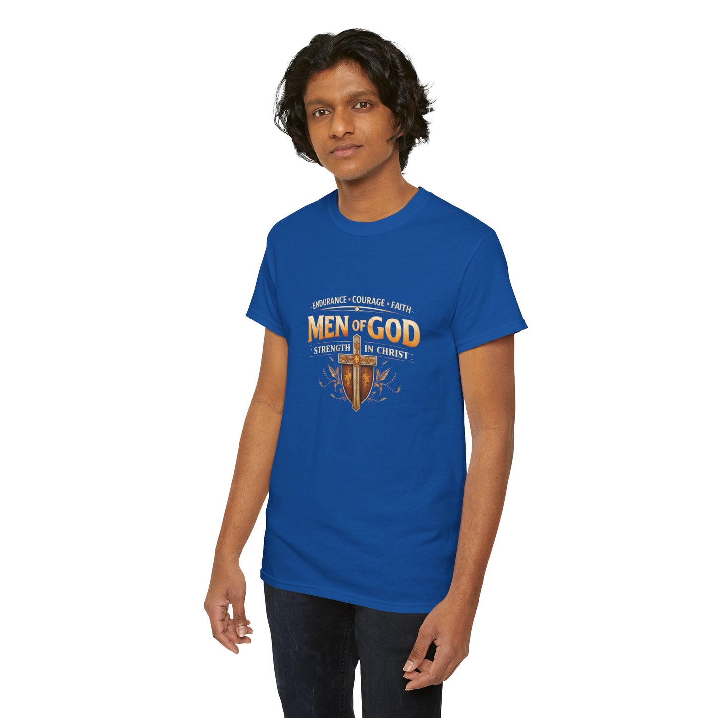 Men of God T-Shirt: Christian Faith Tee with 'Endurance • Courage • Faith' Shield Design