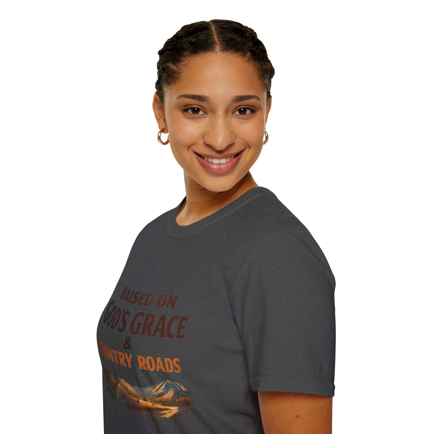 Raised on God's Grace & Country Roads T‑Shirt. Faithful Country Graphic Tee