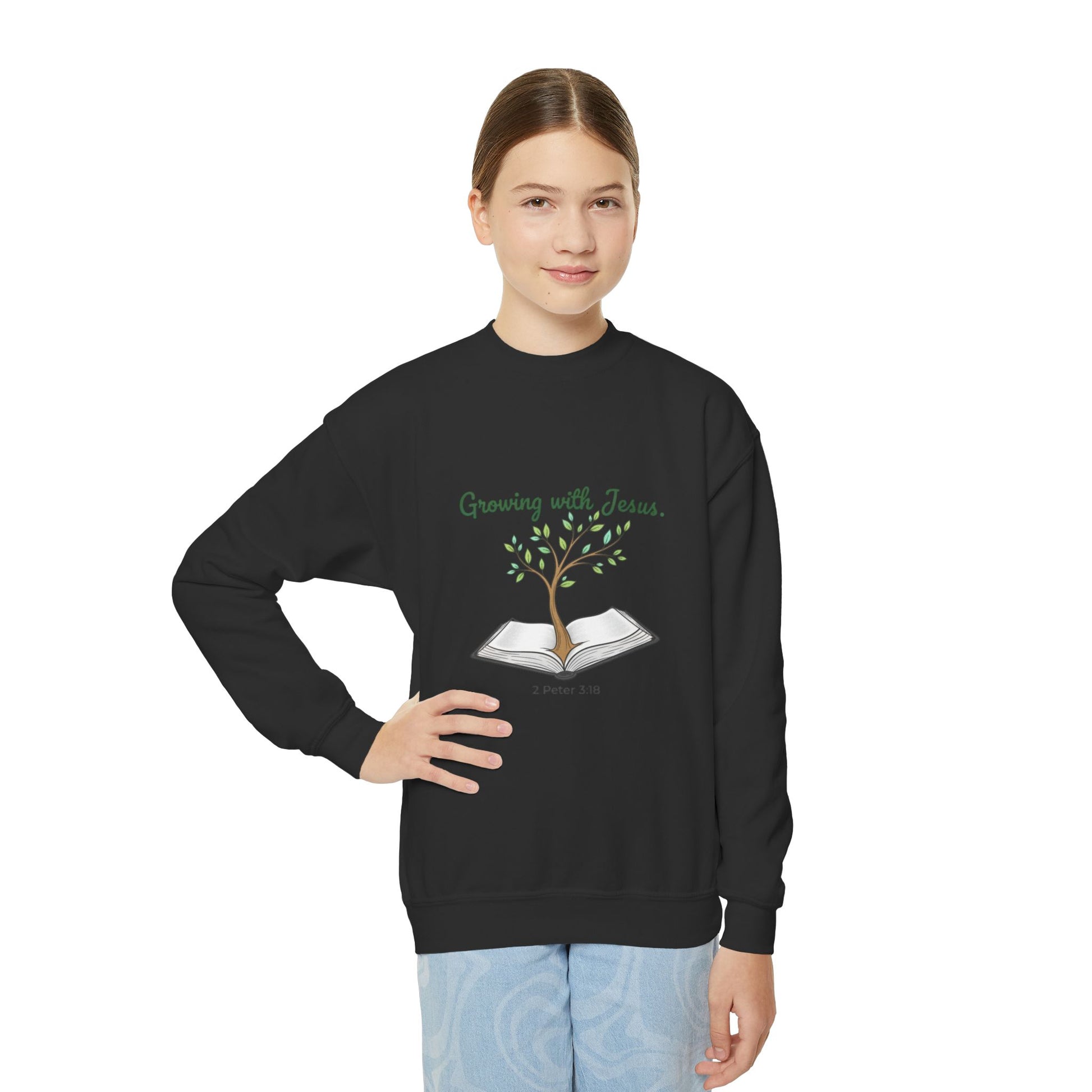 Youth Crewneck Sweatshirt Growing with Jesus Tree Over Bible