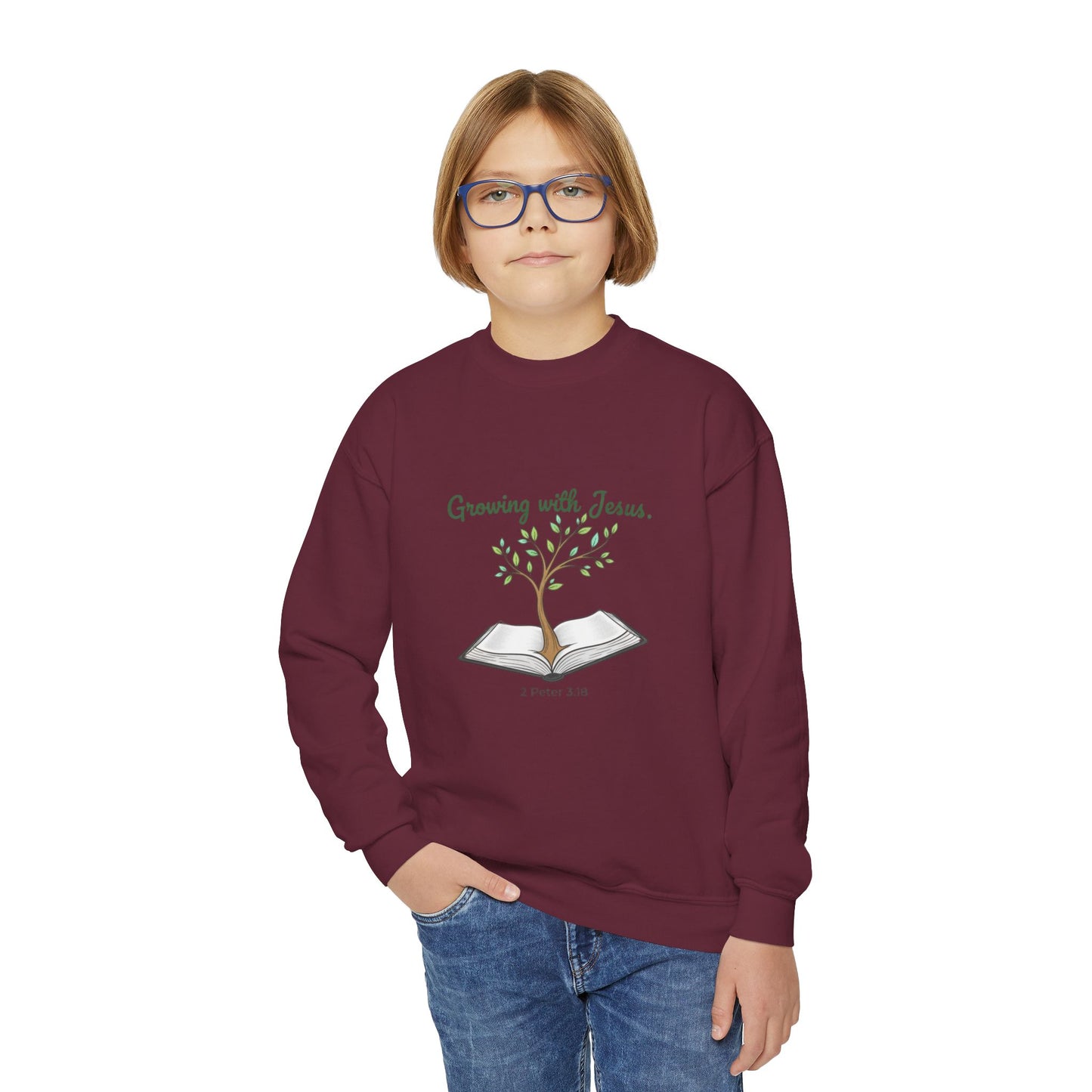 Youth Crewneck Sweatshirt Growing with Jesus Tree Over Bible