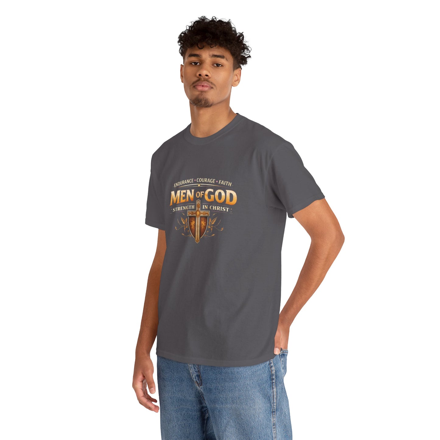 Men of God T-Shirt: Christian Faith Tee with 'Endurance • Courage • Faith' Shield Design