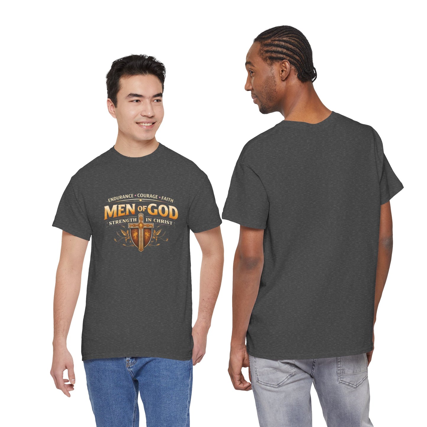 Men of God T-Shirt: Christian Faith Tee with 'Endurance • Courage • Faith' Shield Design
