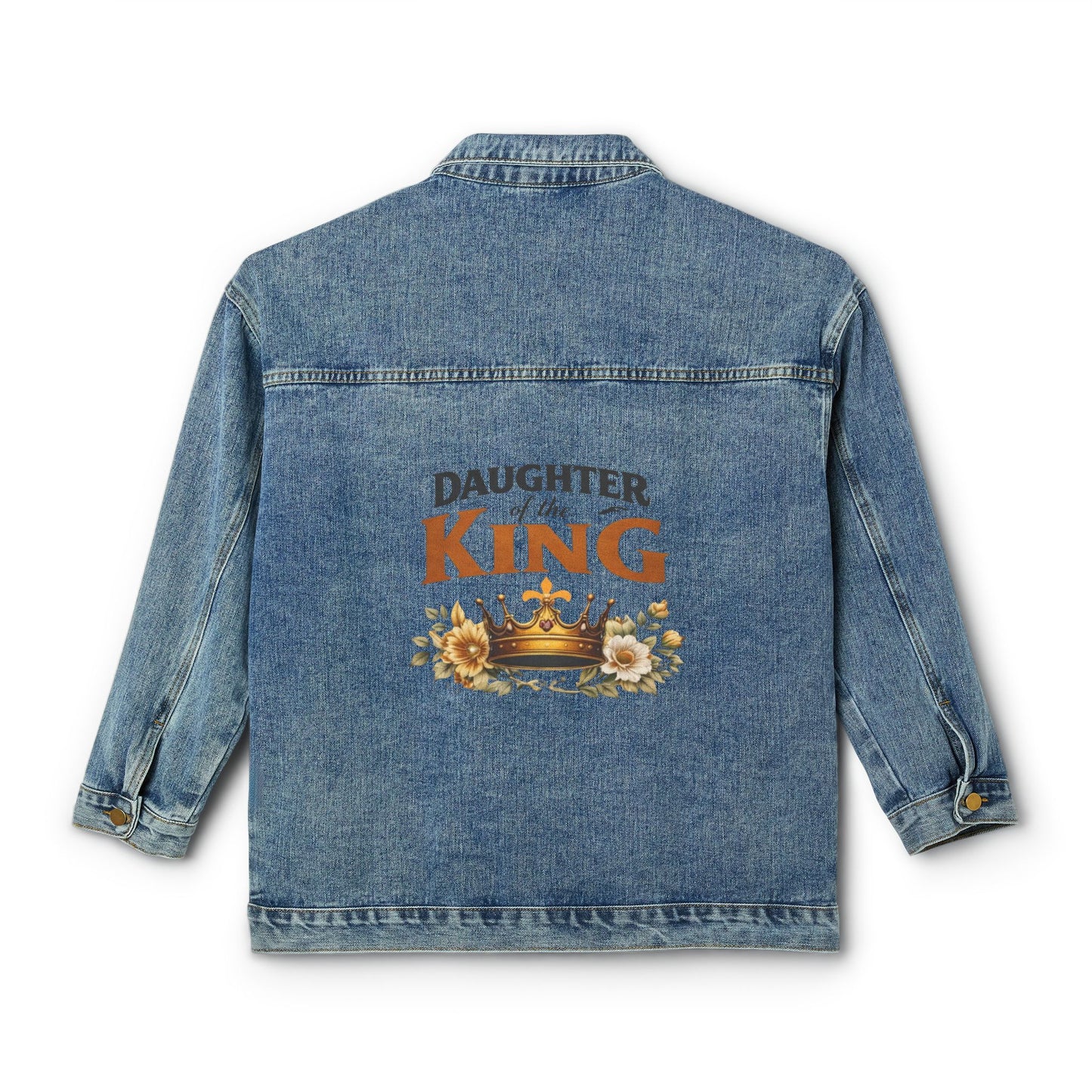 Denim Jacket "Daughter of the King" Floral Crown Back Graphic