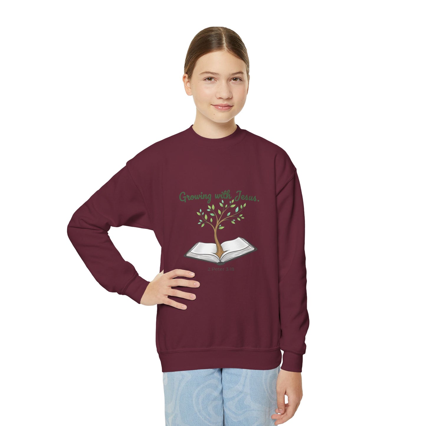 Youth Crewneck Sweatshirt Growing with Jesus Tree Over Bible