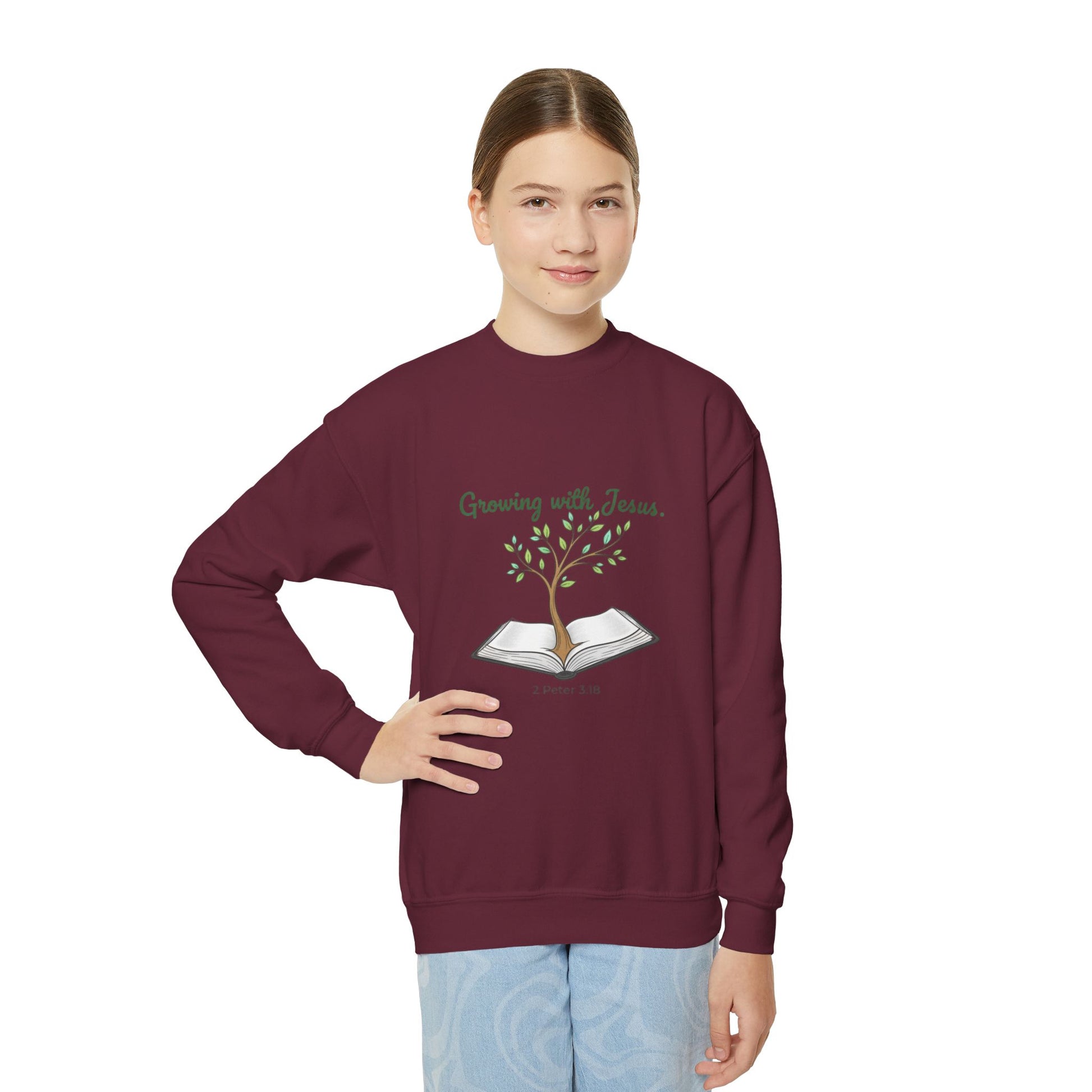 Youth Crewneck Sweatshirt Growing with Jesus Tree Over Bible