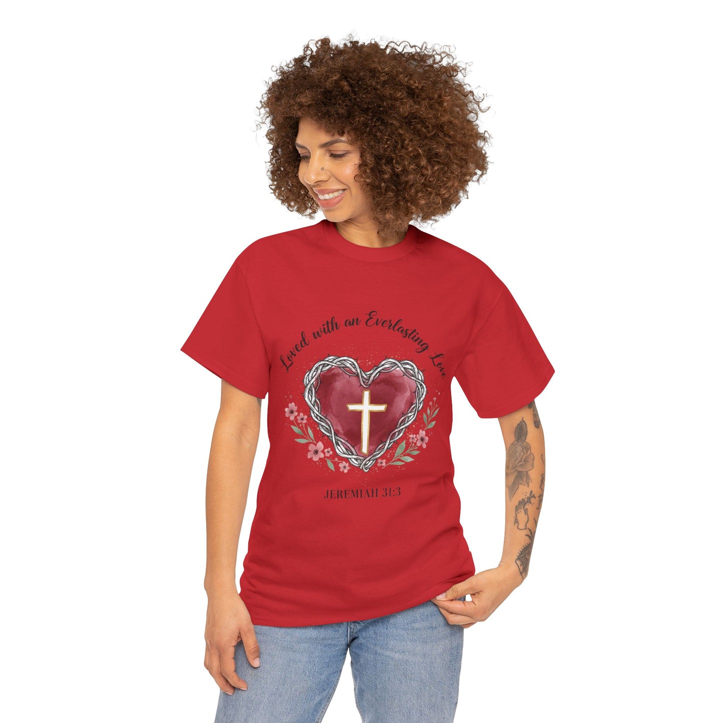 Christian Heart T-Shirt "Loved With an Everlasting Love" Jeremiah 31:3 Faith Tee