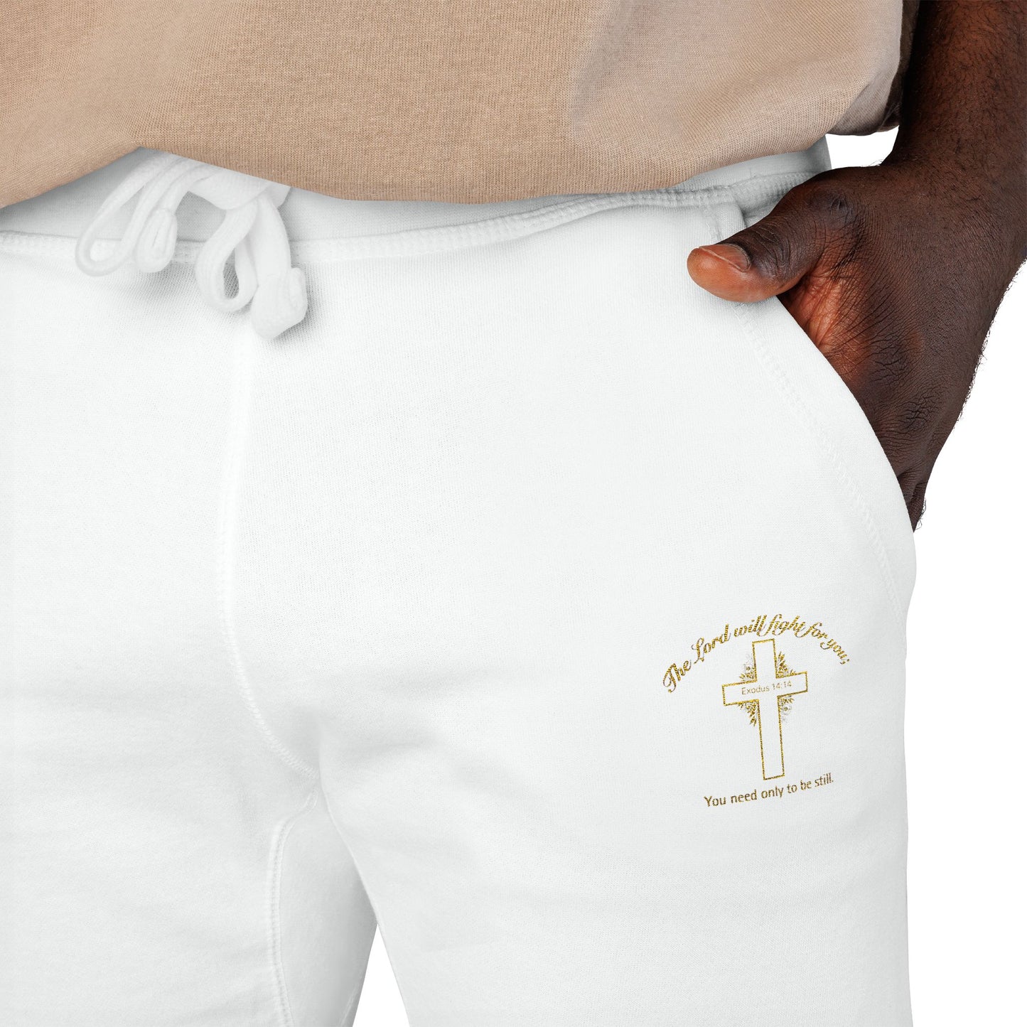 Embroidered 'The Lord will fight for you' Fleece Sweatpants. Soft White Joggers