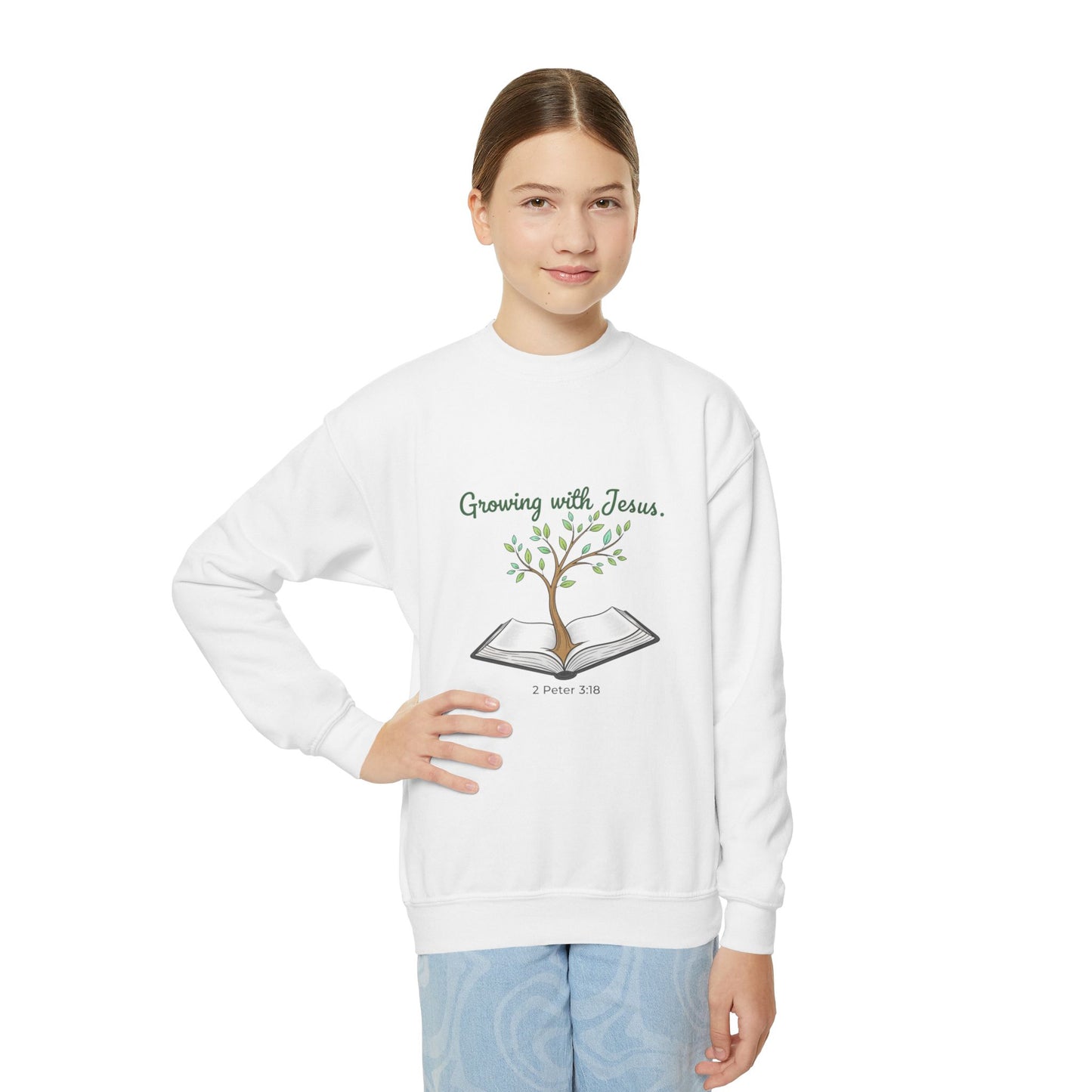 Youth Crewneck Sweatshirt Growing with Jesus Tree Over Bible