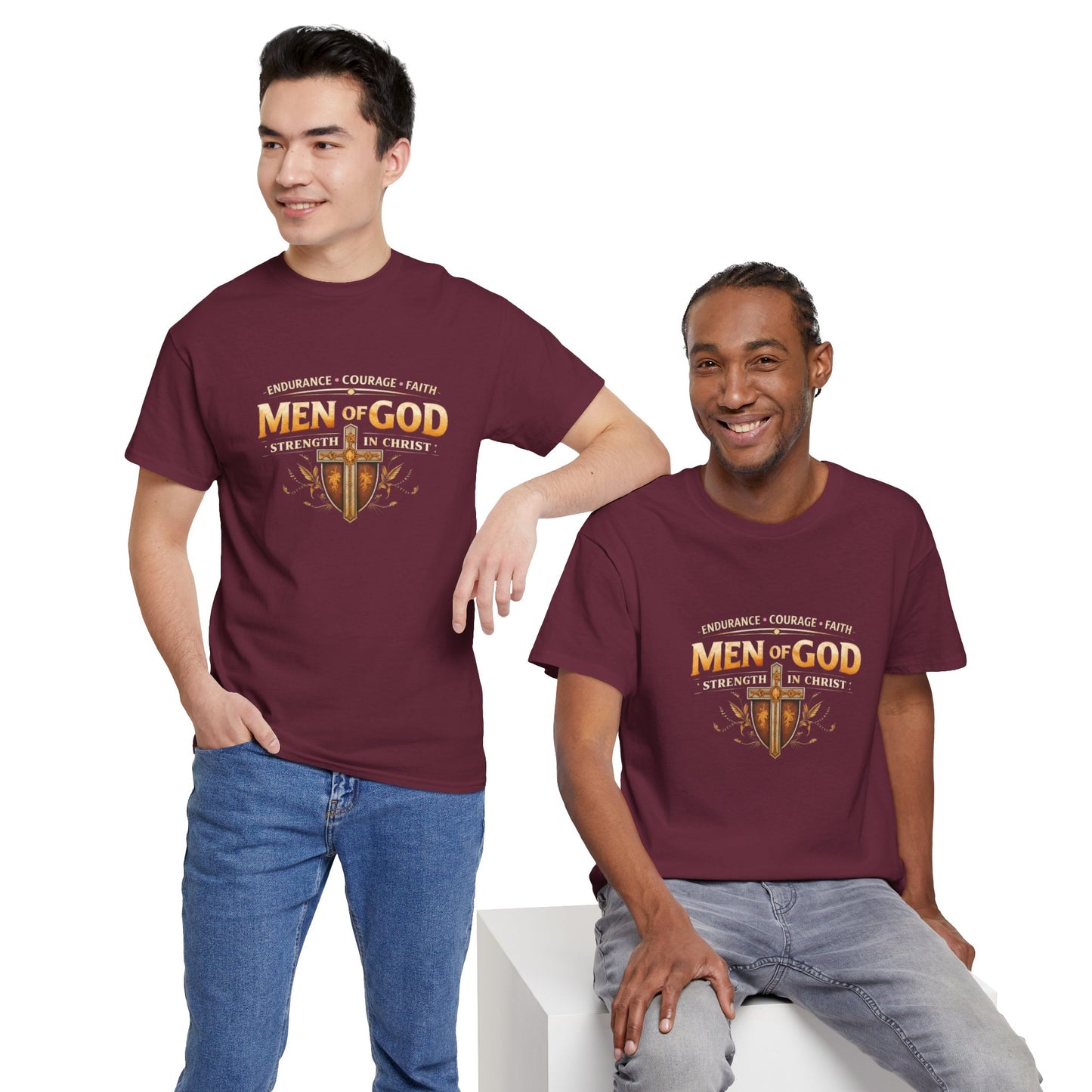 Men of God T-Shirt: Christian Faith Tee with 'Endurance • Courage • Faith' Shield Design