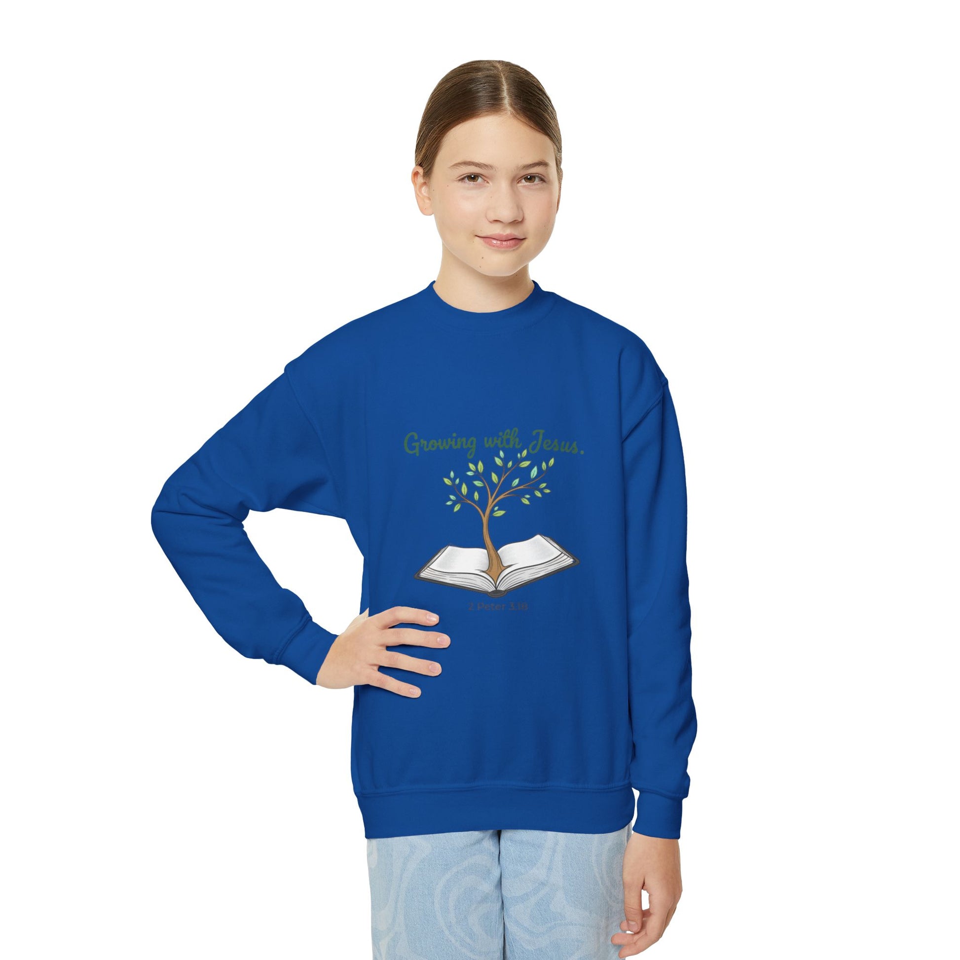 Youth Crewneck Sweatshirt Growing with Jesus Tree Over Bible