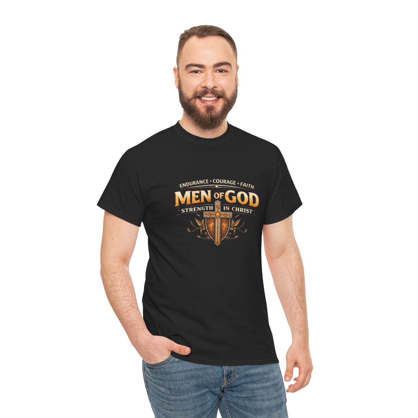 Men of God T-Shirt: Christian Faith Tee with 'Endurance • Courage • Faith' Shield Design