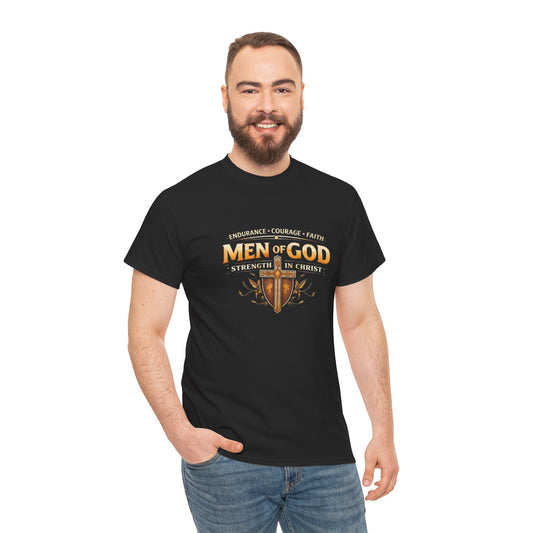 Men of God T-Shirt: Christian Faith Tee with 'Endurance • Courage • Faith' Shield Design