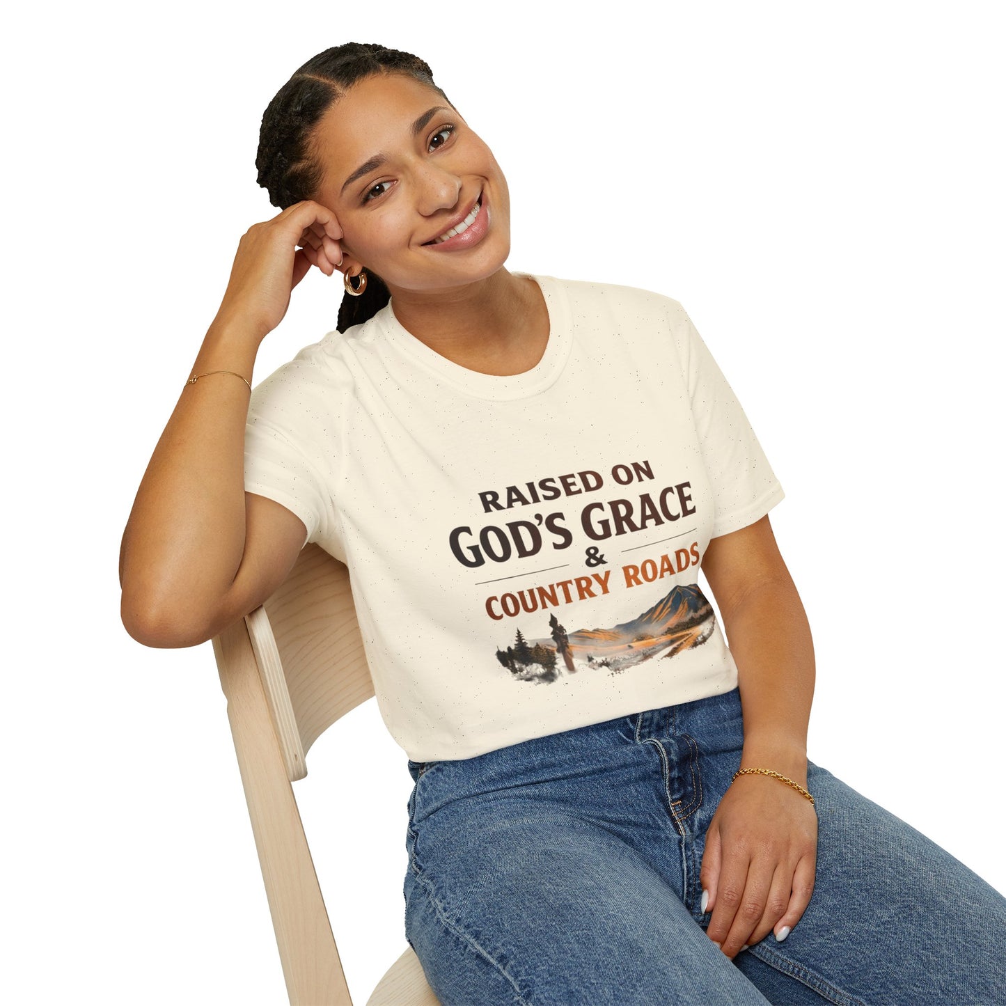 Raised on God's Grace & Country Roads T‑Shirt. Faithful Country Graphic Tee