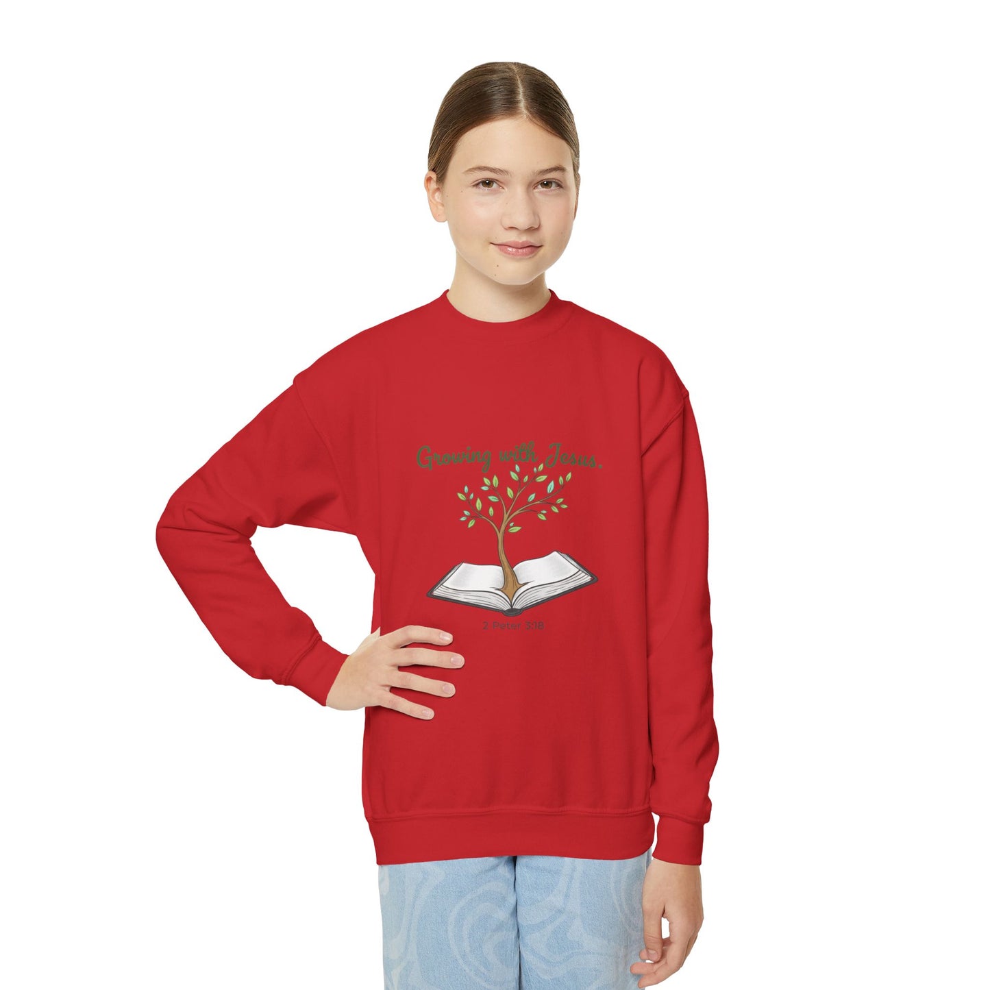 Youth Crewneck Sweatshirt Growing with Jesus Tree Over Bible