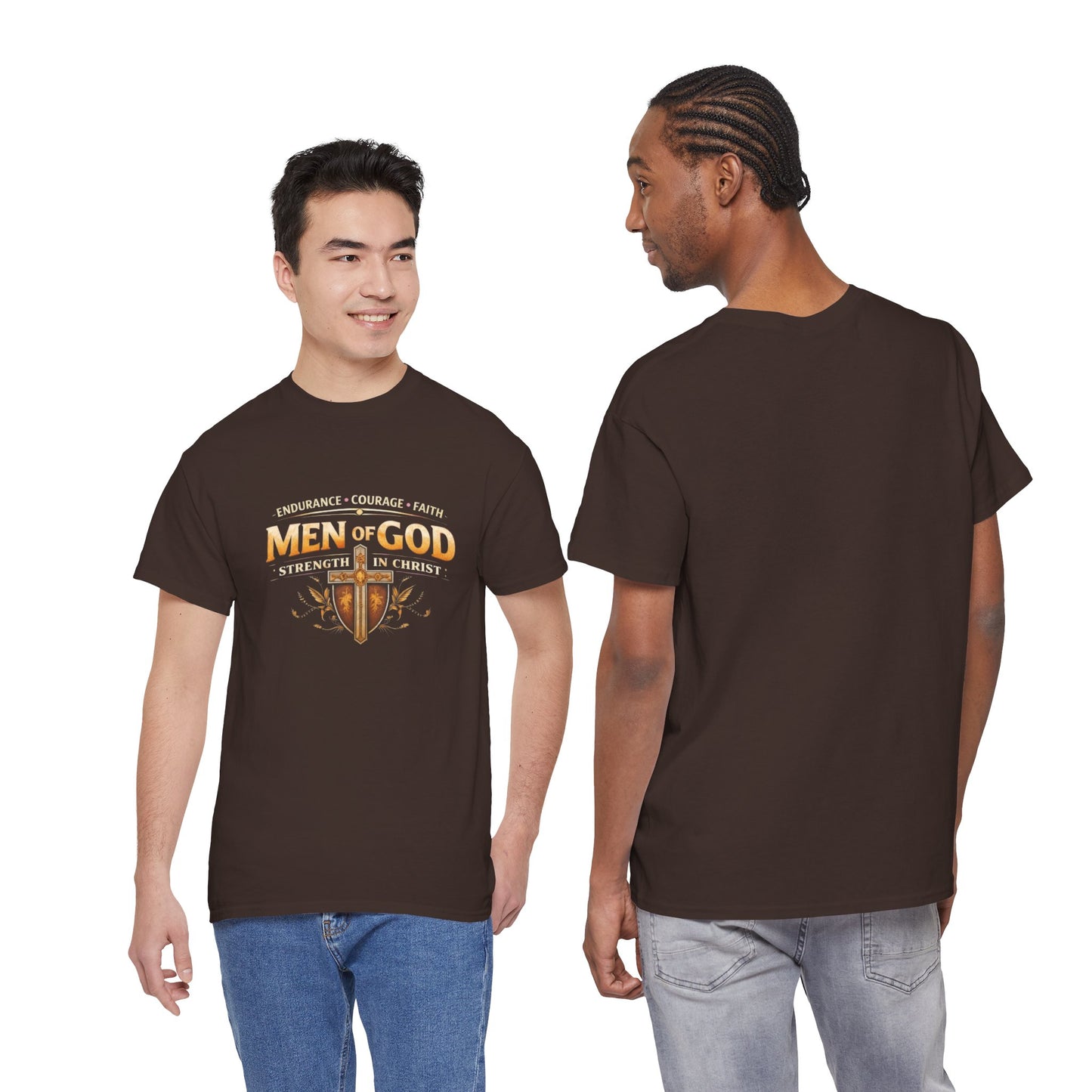 Men of God T-Shirt: Christian Faith Tee with 'Endurance • Courage • Faith' Shield Design