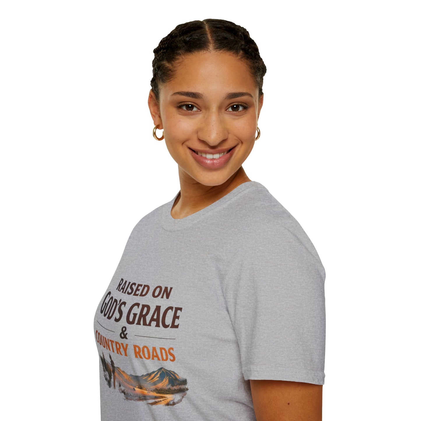 Raised on God's Grace & Country Roads T‑Shirt. Faithful Country Graphic Tee