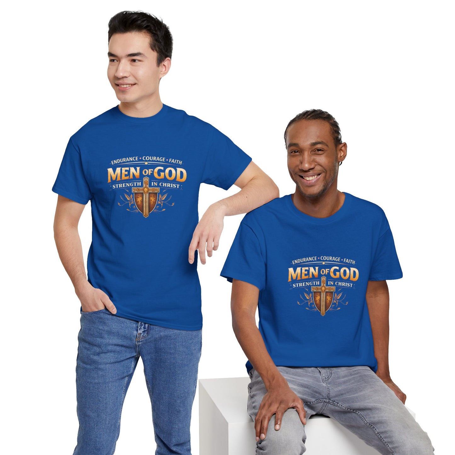 Men of God T-Shirt: Christian Faith Tee with 'Endurance • Courage • Faith' Shield Design