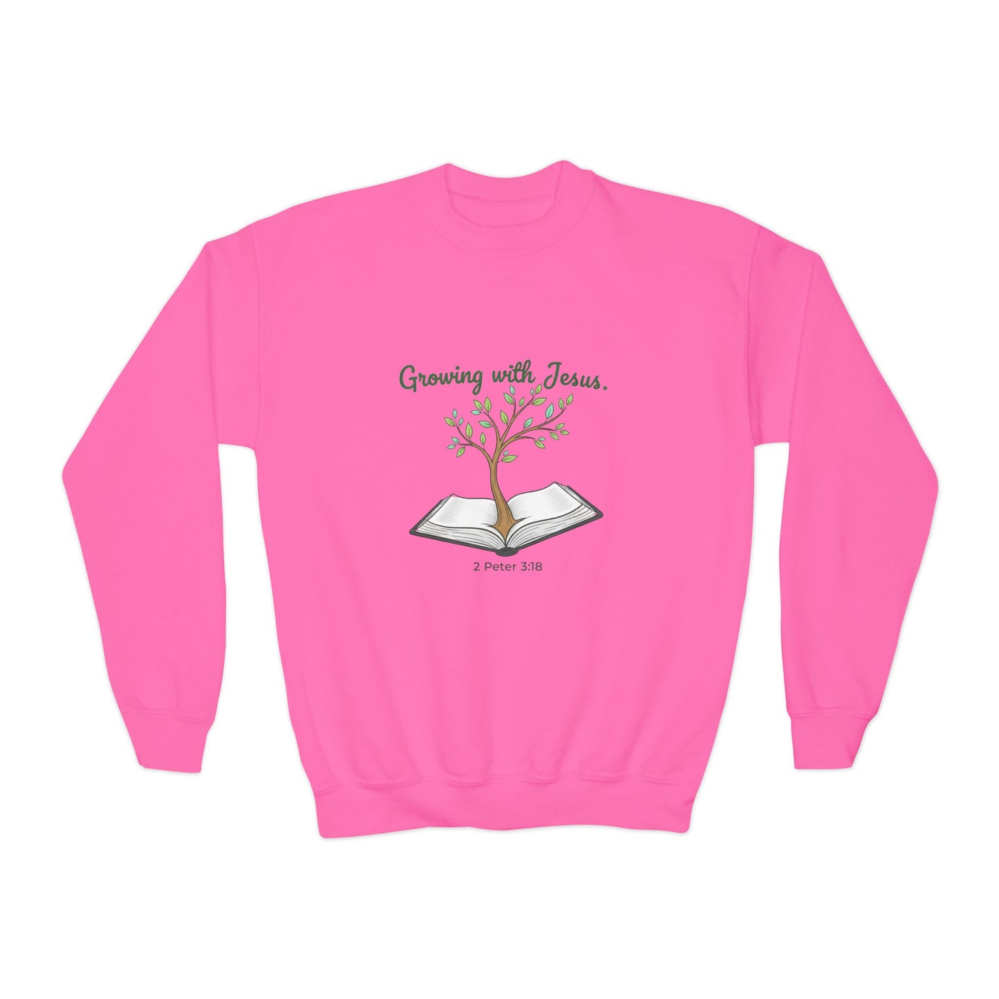 Youth Crewneck Sweatshirt Growing with Jesus Tree Over Bible