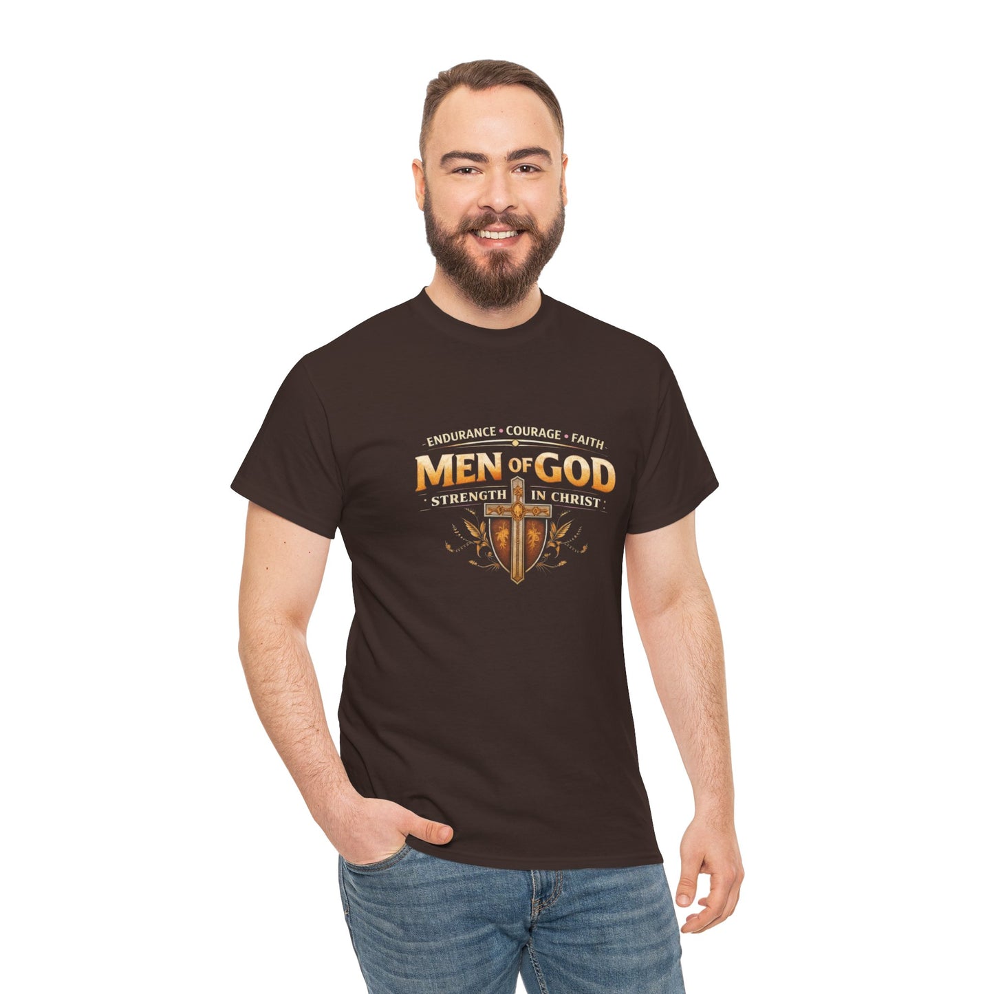 Men of God T-Shirt: Christian Faith Tee with 'Endurance • Courage • Faith' Shield Design