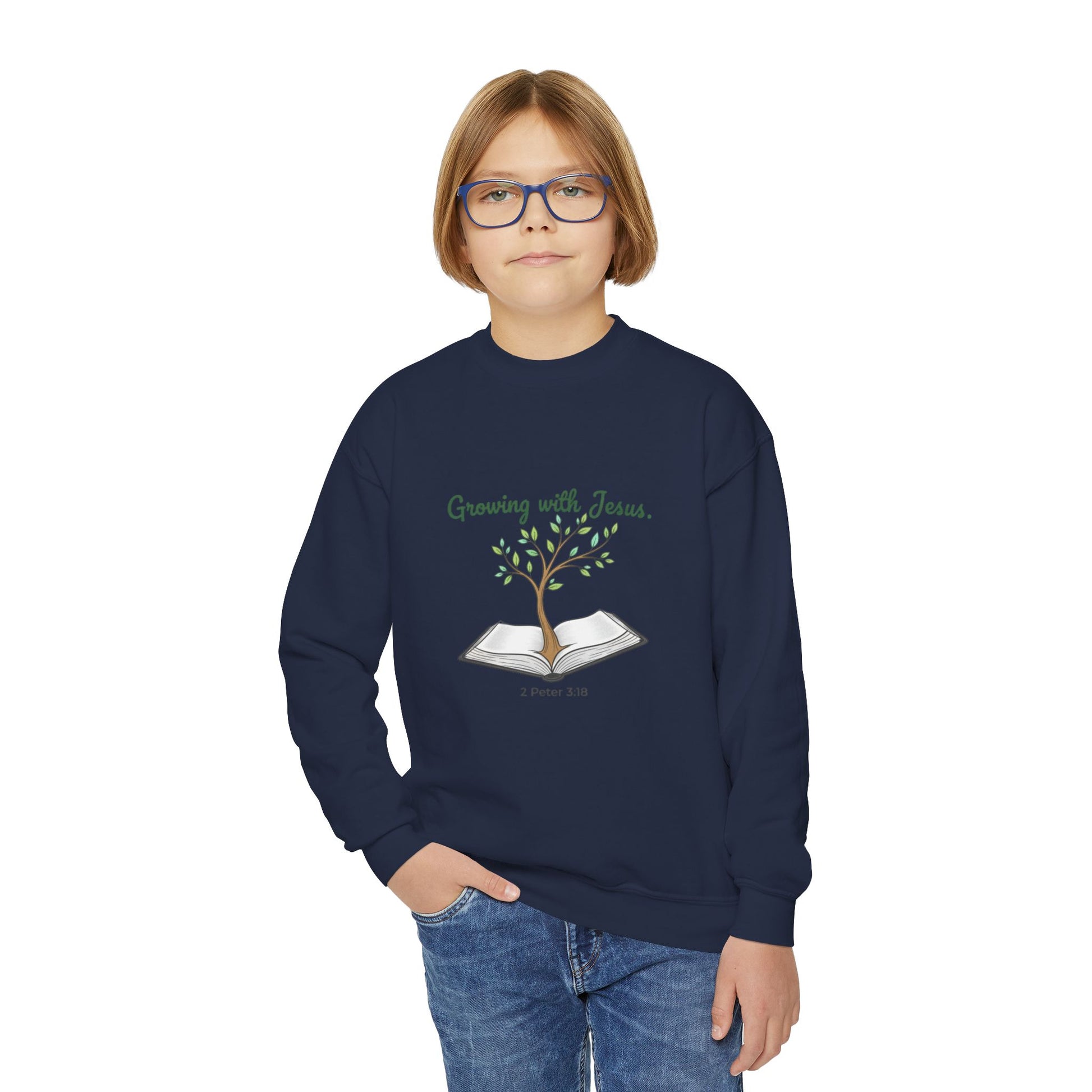 Youth Crewneck Sweatshirt Growing with Jesus Tree Over Bible