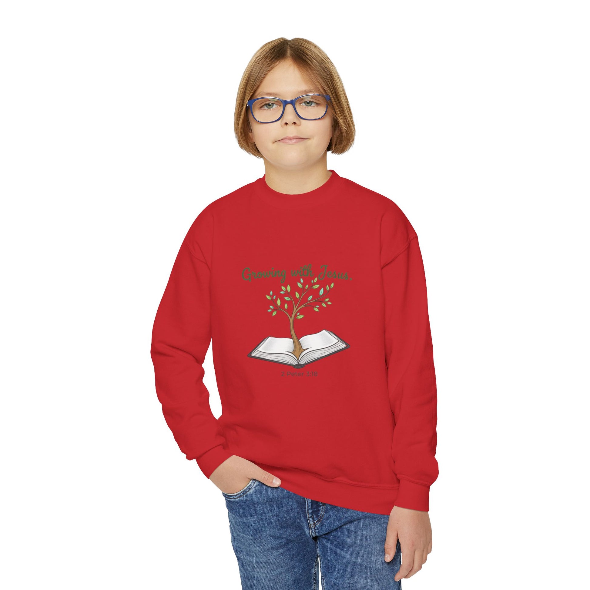 Youth Crewneck Sweatshirt Growing with Jesus Tree Over Bible