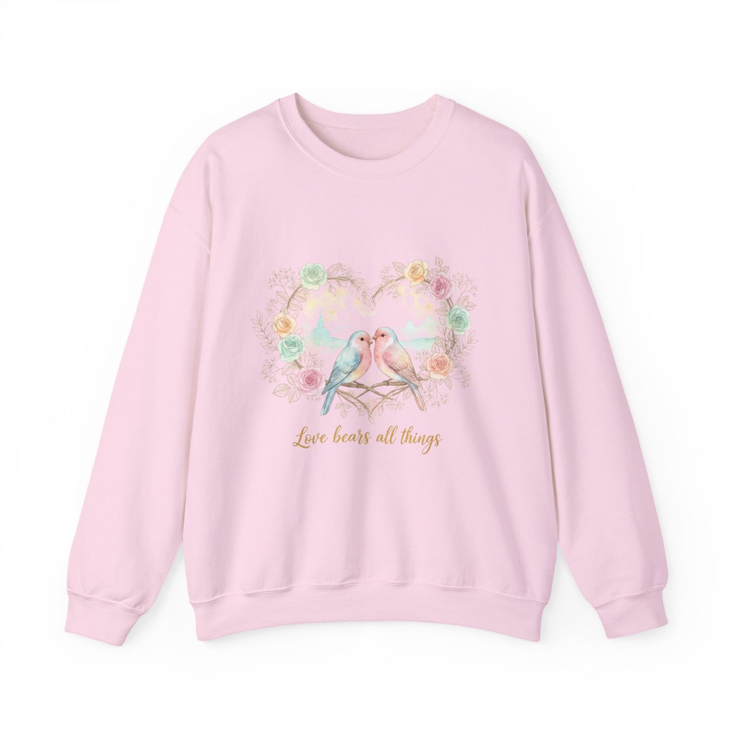 Crewneck Sweatshirt, Pastel Love Birds Floral Heart “Love bears all things”