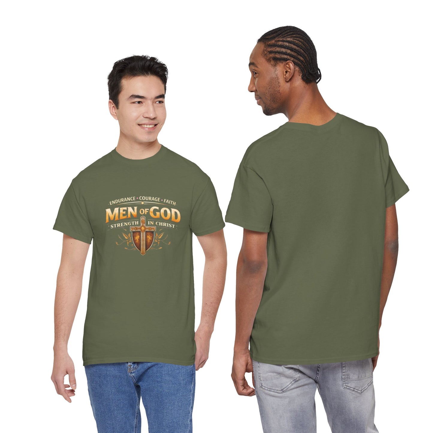 Men of God T-Shirt: Christian Faith Tee with 'Endurance • Courage • Faith' Shield Design