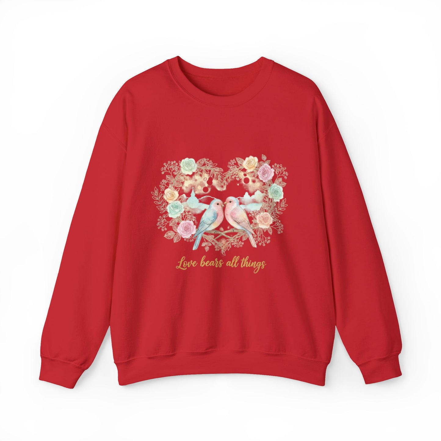 Crewneck Sweatshirt, Pastel Love Birds Floral Heart “Love bears all things”