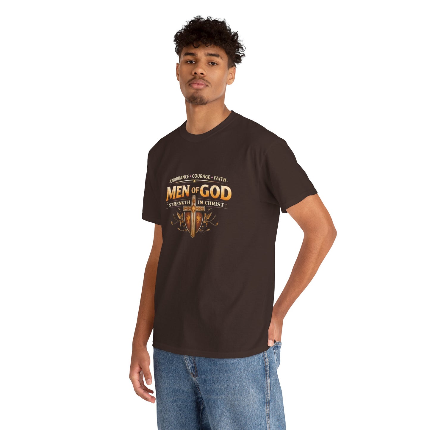 Men of God T-Shirt: Christian Faith Tee with 'Endurance • Courage • Faith' Shield Design